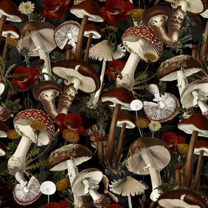 18" nostalgic toxic antiqued Psychadelic mushrooms in the forest - dark moody florals- vintage Autumn home decor, dark black wallpaper, 