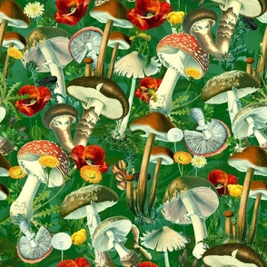 18" nostalgic toxic antiqued Psychadelic mushrooms in the forest - dark moody florals- vintage Autumn home decor, 50ies green wallpaper,