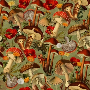 18" nostalgic toxic antiqued mushrooms in the forest - dark moody florals- vintage Autumn home decor, sepia green wallpaper,  - Psychadelic Mushroom Wallpaper