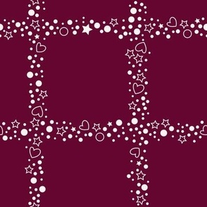 Mini Hearts Stars & Spots Grid Check Pale Pink on Burgundy