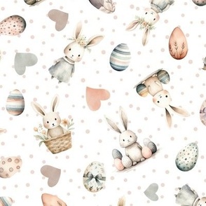 Watercolor boho easter bunny fabric with decorated easter eggs in earth tone colors and polka dots 