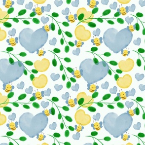 Blue and Yellow Watercolor Hearts and Bumblebees