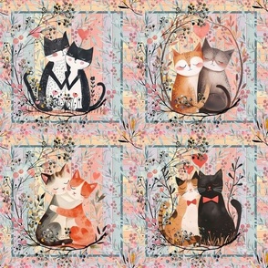 6" CUTE VALENTINE CATS LOVE LEAVES CHECKERBOARD FLWRHT