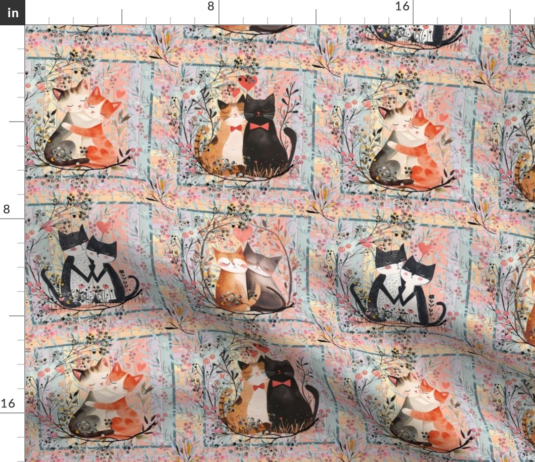 6" CUTE VALENTINE CATS LOVE LEAVES CHECKERBOARD FLWRHT