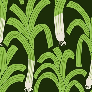 (L) Hand-drawn Leeks - happy green leek vegetable pattern on a dark green background