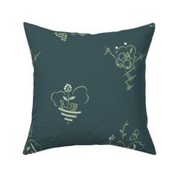 Butterfly Berry and Boat Art Deco Light Green on Dark Turquoise