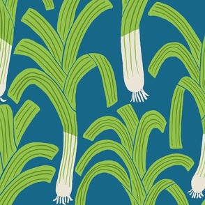 (L) Hand-drawn Leeks - happy green leek vegetable pattern on a mid blue background