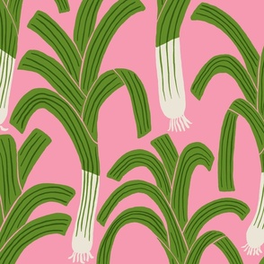 (L) Hand-drawn Leeks - happy green leek vegetable pattern on a pink background