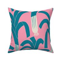 (L) Hand-drawn Leeks - happy blue leek vegetable pattern on a pink background