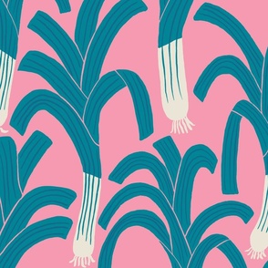 (L) Hand-drawn Leeks - happy blue leek vegetable pattern on a pink background