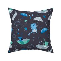 Large - Raining Cats and Dogs on Dark Navy