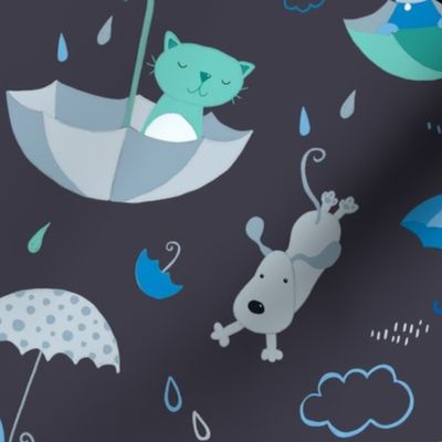 Large - Raining Cats and Dogs on Dark Navy