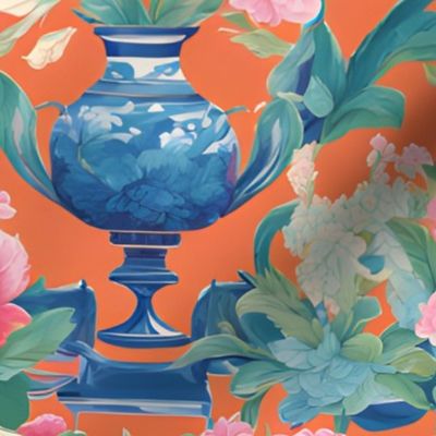Orange and blue Italian toile with birds and classical urns