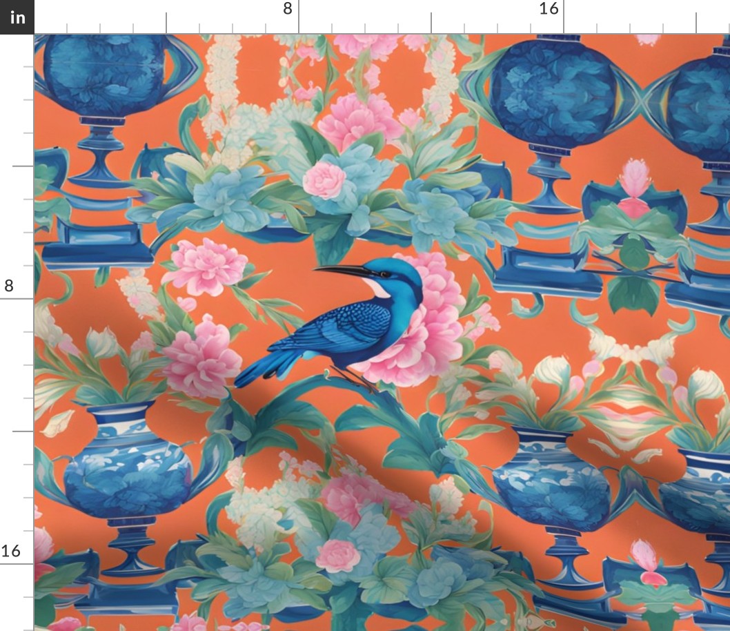 Orange and blue Italian toile with birds and classical urns