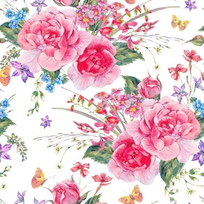Watercolor Victorian roses on white, summer flowers with butterflies and wildflowers