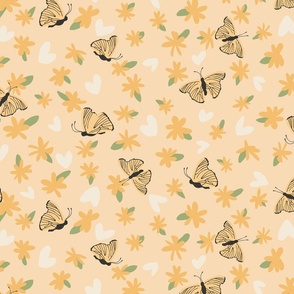 Cute Sunny Bright Ditsy Floral with Butterflies, Hearts and Flowers in Yellow