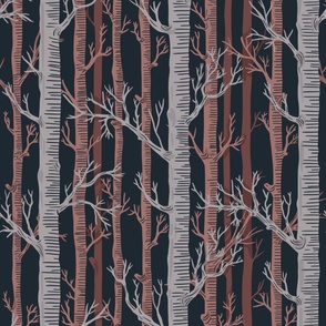 Forest Trees in Brown and Grey, deep blue background - Wallpaper XL