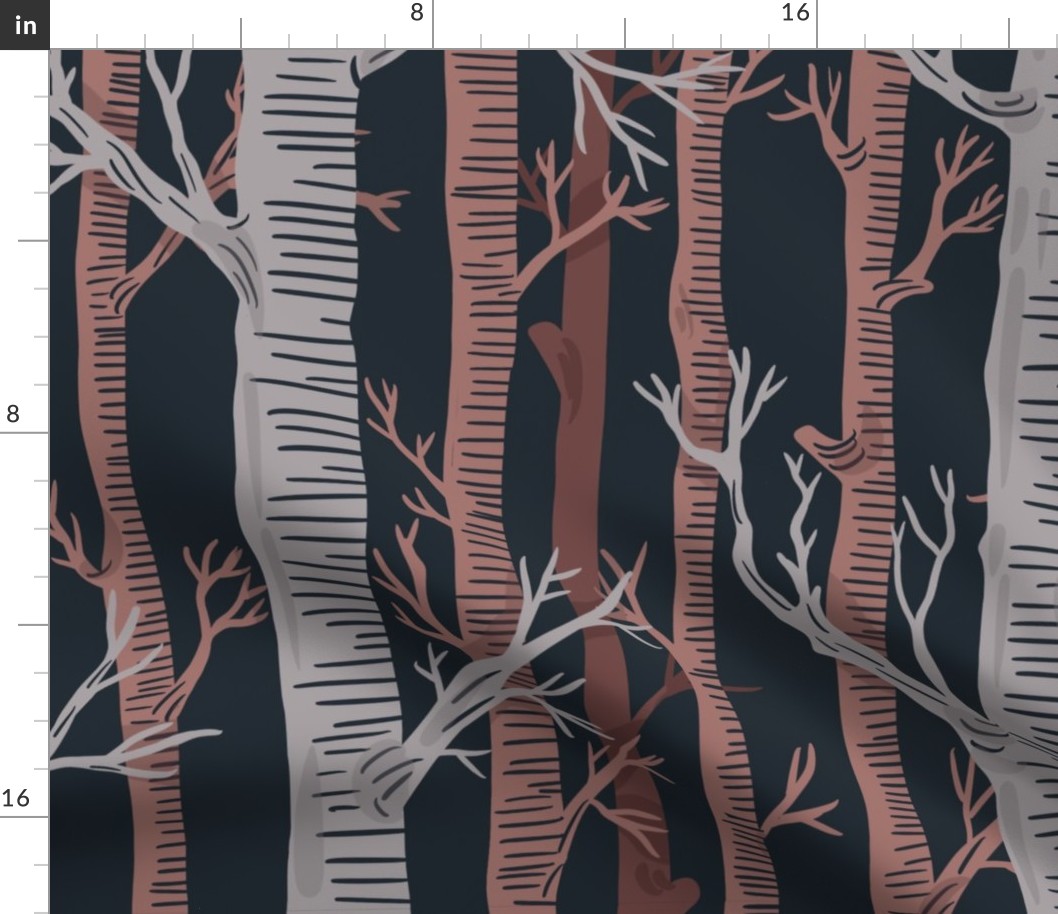 Forest Trees in Brown and Grey, deep blue background - Wallpaper XL