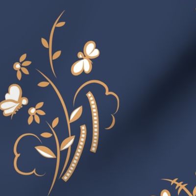 Butterfly Berry and Boat Art Deco in Peach on Dark Gray Blue