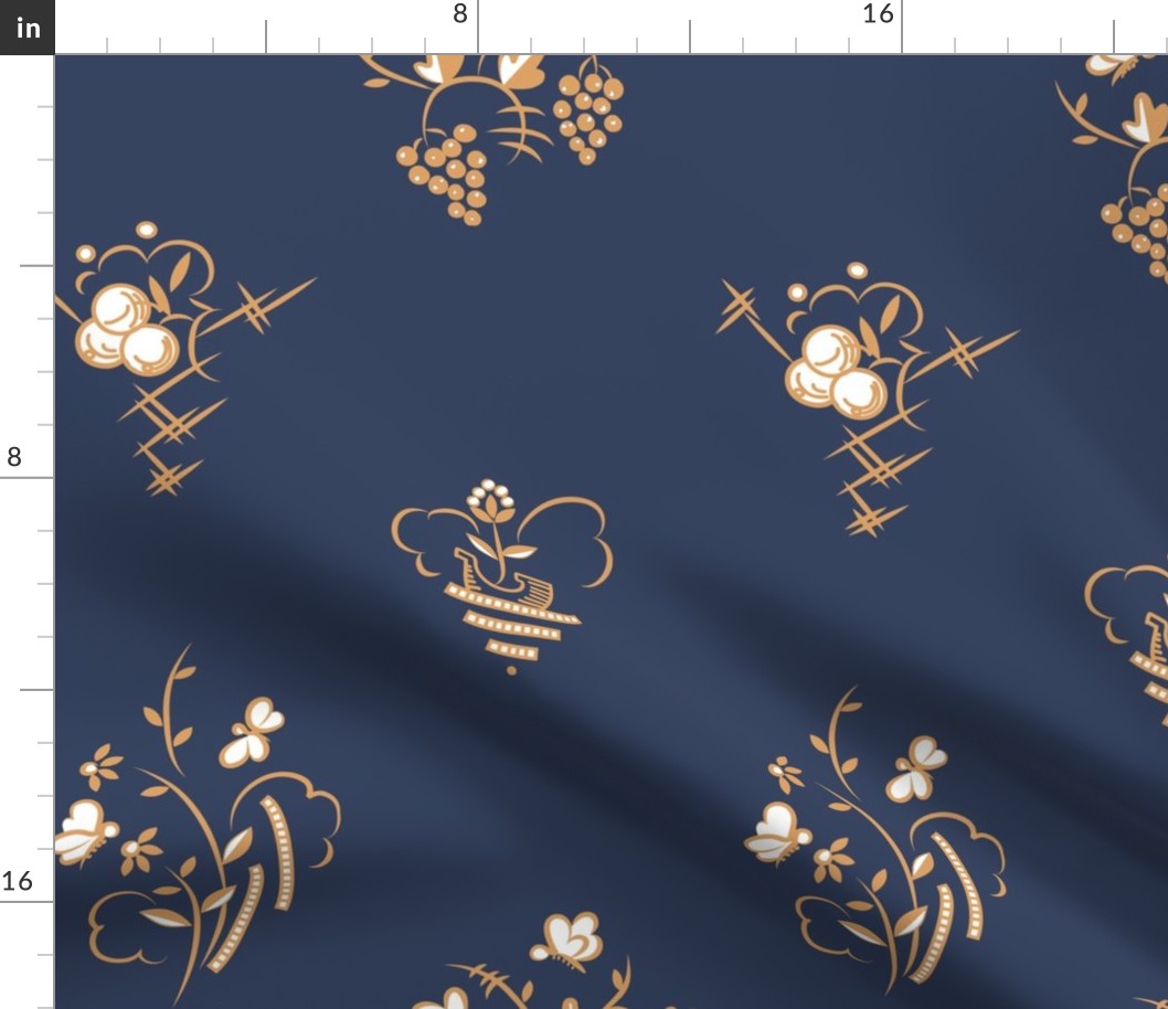Butterfly Berry and Boat Art Deco in Peach on Dark Gray Blue