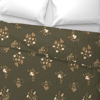 Butterfly Berry and Boat Art Deco in Peach on Olive Drab