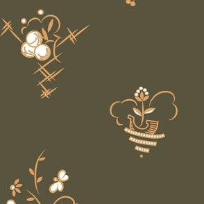 Butterfly Berry and Boat Art Deco in Peach on Olive Drab