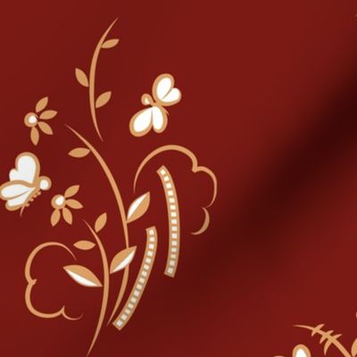 Butterfly Berry and Boat Art Deco in Peach on Burgundy Red