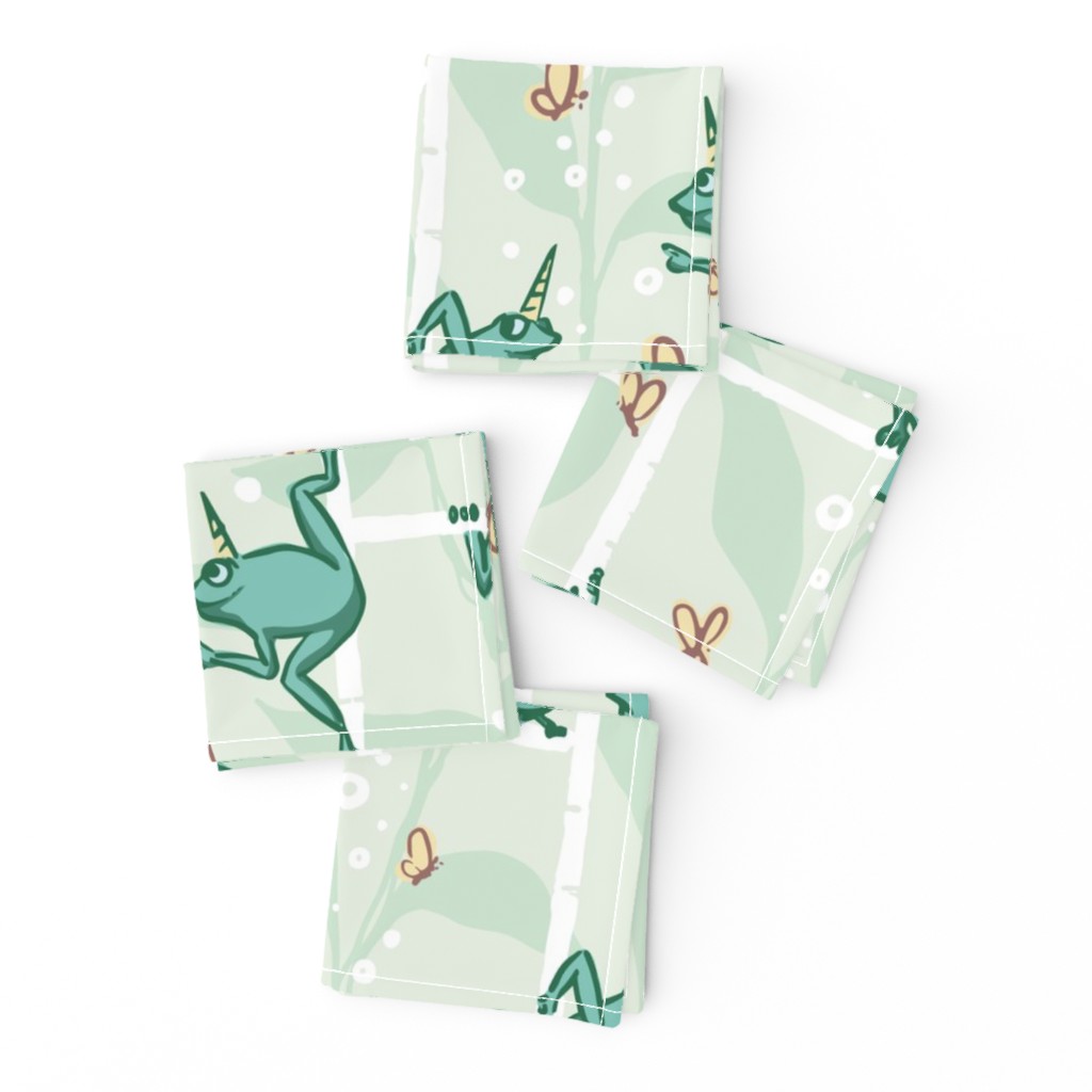 Cute Frogs and Butterflies in Bluish Green and Sage Leaves M