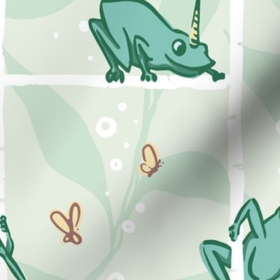 Cute Frogs and Butterflies in Bluish Green and Sage Leaves M
