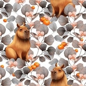 Pattern with capybara, oranges and flowers 2