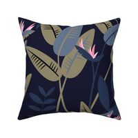 Tropical birds of paradise garden exotic island leaves and flowers hawaii design pink blush olive green on navy blue dark and moody WALLPAPER