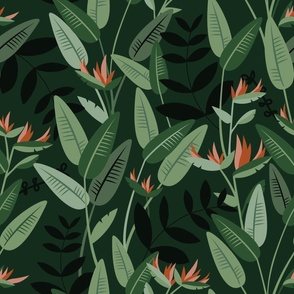 Tropical birds of paradise garden exotic island leaves and flowers hawaii design green mint pine orange dark and moody WALLPAPER