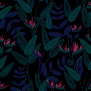 Tropical birds of paradise garden exotic island leaves and flowers hawaii design eclective blue navy green teal pink black dark and moody WALLPAPER