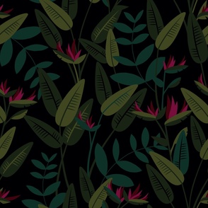Tropical birds of paradise garden exotic island leaves and flowers hawaii design teal green pink black dark and moody WALLPAPER