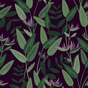Tropical birds of paradise garden exotic island leaves and flowers hawaii design green fuchsia purple dark and moody WALLPAPER