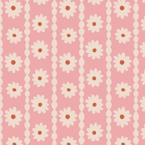 Cute Retro Daisy Chain in Pink, creamy off-white and hints of red