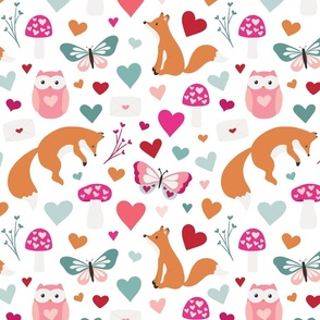 Multicolor Valentines Foxes and Owls on White 12 inch