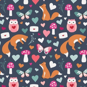 Multicolor Valentines Foxes and Owls on Dark Blue 12 inch