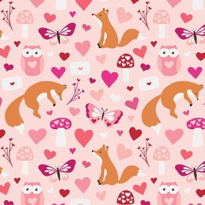 Pink Foxes and Owls Valentines on Pink 12 inch