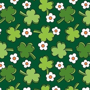 Retro Irish Shamrock - Happy St. Patrick's Day clovers and daisies seventies vintage design orange green on pine 