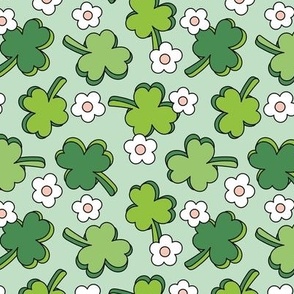 Retro Irish Shamrock - Happy St. Patrick's Day clovers and daisies seventies vintage design green mint matcha on sage 