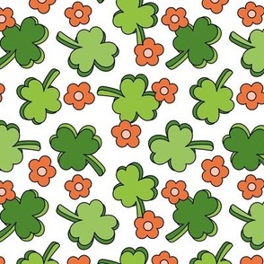 Retro Irish Shamrock - Happy St. Patrick's Day clovers and daisies seventies vintage design orange green on white 