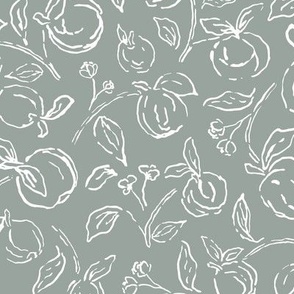 Dark teal and white hand drawn organic peach fruit branch outlines 