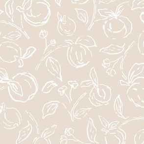 Light peach and white hand drawn organic peach fruit branch outlines 