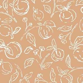 Orange  and white hand drawn organic peach fruit branch outlines 