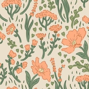 Flowers - peachy orange green & beige