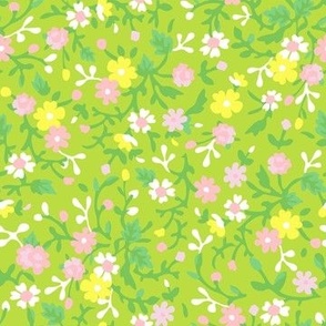 Vintage Cottagecore Calico Floral in Lime Green