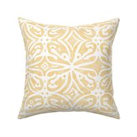 Boho Rubber Blockprint Off-white ornaments on bright sunflower yellow with linen structure - medium scale