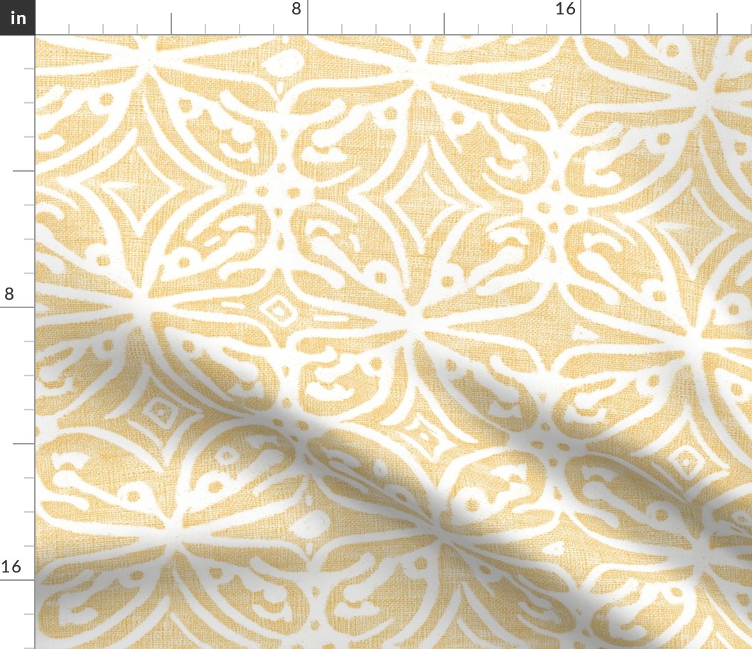Boho Rubber Blockprint Off-white ornaments on bright sunflower yellow with linen structure - medium scale