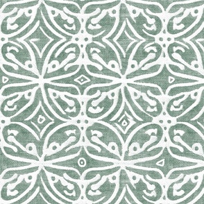 Boho Rubber Blockprint Off-white ornaments on dark green with linen structure - medium scale